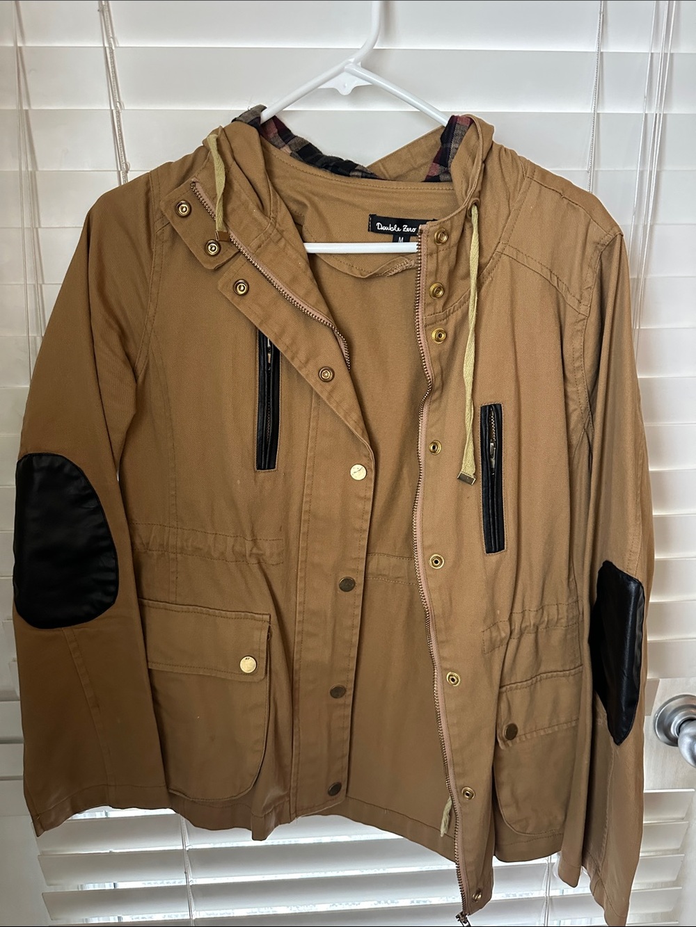 Women’s Tan Hooded Utility Jacket with Black Elbow Patches